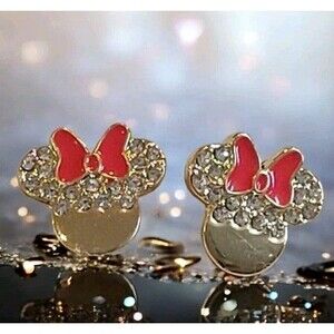 Disney Baublebar Minnie Mouse Crystals Red Enamel Bows Stud Gold Tone Earrings